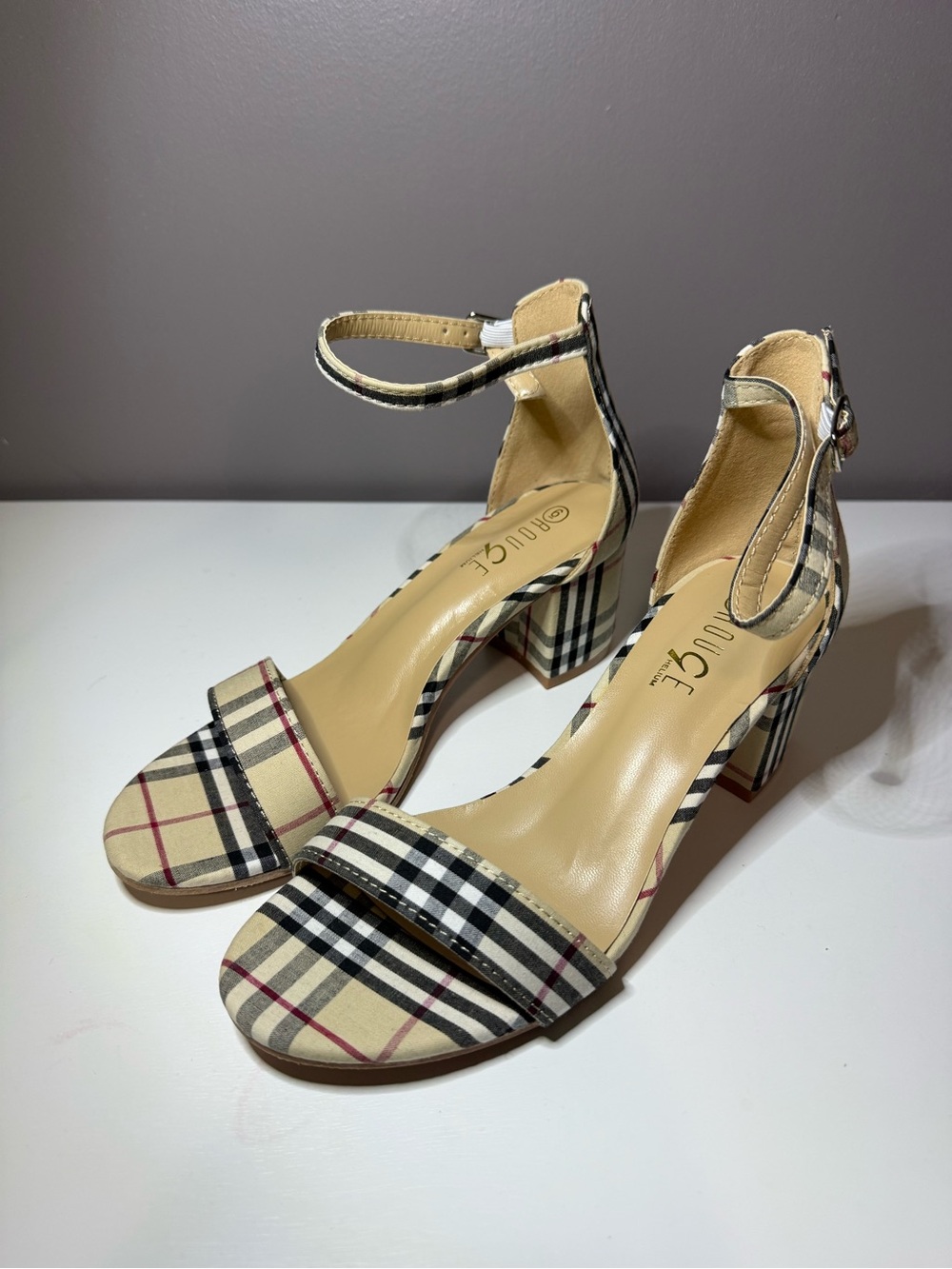 Rouge! Plaid Open-Toe Ankle-Strap Block Heels in Beige, Black and Red